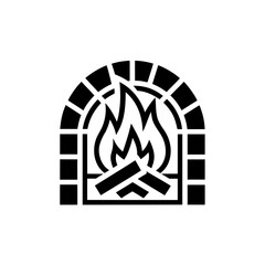 Illustration of a brick fireplace with burning wood on transparent background