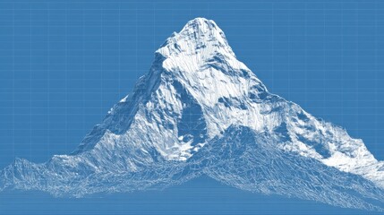 a solid blue background, with a white, blueprint of a mountain. the background must be solid blue.
