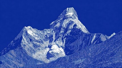 a solid blue background, with a white, blueprint of a mountain. the background must be solid blue.
