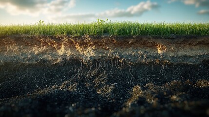 Naklejka premium Soil profile grass, soil layers and roots under a sunny sky