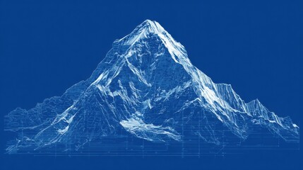 a solid blue background, with a white, blueprint of a mountain. the background must be solid blue.
