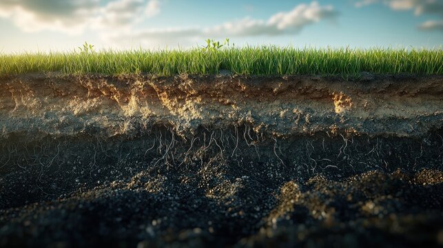 Soil profile grass, soil layers and roots under a sunny sky