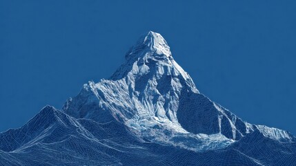 a solid blue background, with a white, blueprint of a mountain. the background must be solid blue.

