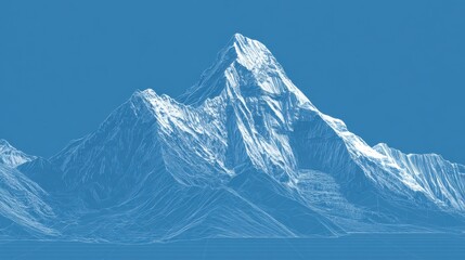 a solid blue background, with a white, blueprint of a mountain. the background must be solid blue.
