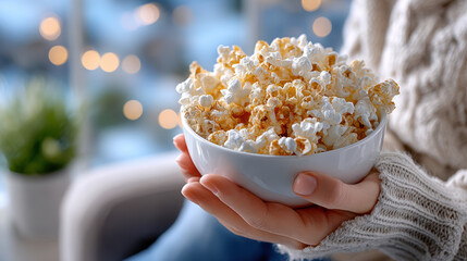 Person comfortably sitting and reaching into a large bowl of popcorn, wearing a knitted sweater indoors.