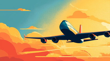 Dynamic illustration of an airplane soaring through vibrant sunset clouds, symbolizing adventure, travel freedom and exploration. Great for tourism, aviation marketing and lifestyle themes
