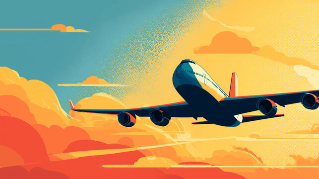 Dynamic illustration of an airplane soaring through vibrant sunset clouds, symbolizing adventure, travel freedom and exploration. Great for tourism, aviation marketing and lifestyle themes - Powered by Adobe