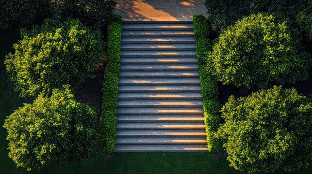 Stone stairway ascending between green bushes, bathed in warm, diffused light - Powered by Adobe