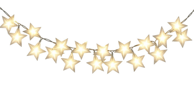 A string of warm white starshaped fairy lights, illuminated and curved, isolated on a transparent background - Powered by Adobe