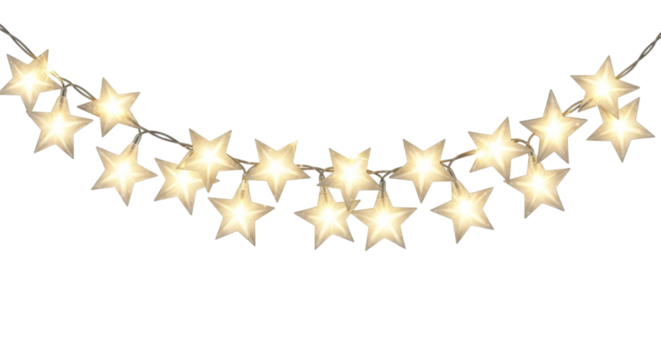 A string of warm white starshaped fairy lights, illuminated and curved, isolated on a transparent background