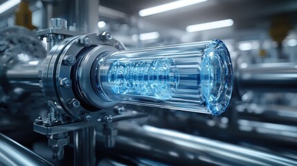 Transparent pipe section with swirling blue light, part of a larger metal system