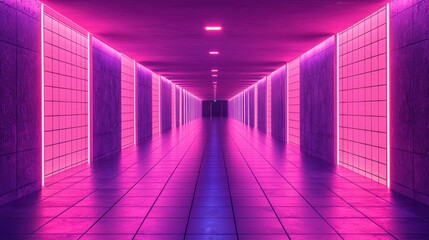 Symmetrical hallway lit in neon pink and purple, tiled floor receding to center