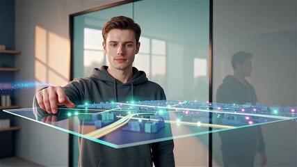 A businessman interacting with a holographic city map in a modern office environment. - Powered by Adobe