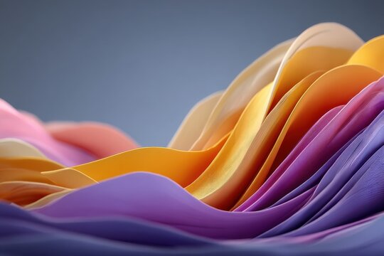 Abstract flowing fabric in purple, orange, and yellow colors with dynamic, ribbon-like shapes - Powered by Adobe