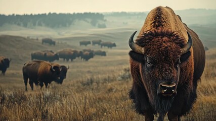 Herd of bison grazing in foggy field - Powered by Adobe