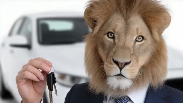 Business lion in suit holding car keys in front of luxury vehicle
