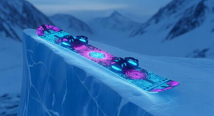 Futuristic Snowboard on Ice Ridge with Mountain Background at Night Time Scene