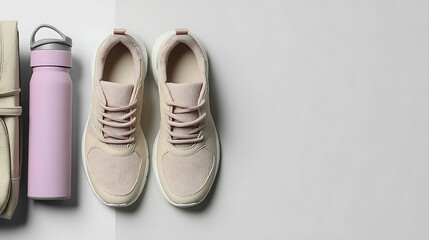 Minimal fitness flatlay with beige sneakers, a pink water bottle, and a neutral background in soft modern style.