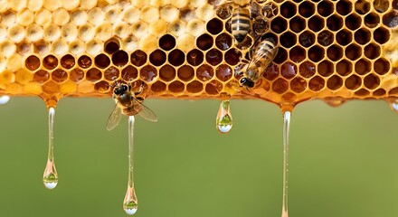 Honeycomb with Bees and Dripping Honey Close-up
