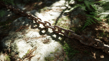 A close-up shot of a weathered chain lying on a forest floor, capturing the textures and details