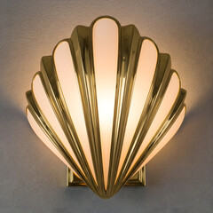Shell shaped sconce with gold accents casts warm light on textured neutral grey wall
