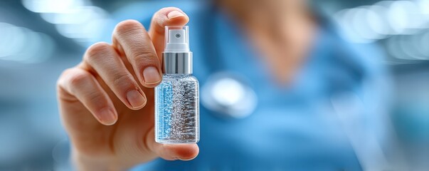 Close-up of a nurse holding a spray bottle, smiling and ready to assist patients today.