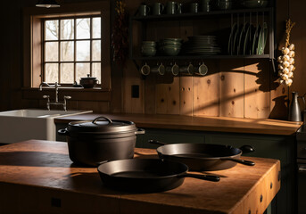 Cast iron cookware on a wooden butcher block in a rustic farmhouse kitchen. Skillet and dutch oven in a country home with warm natural light