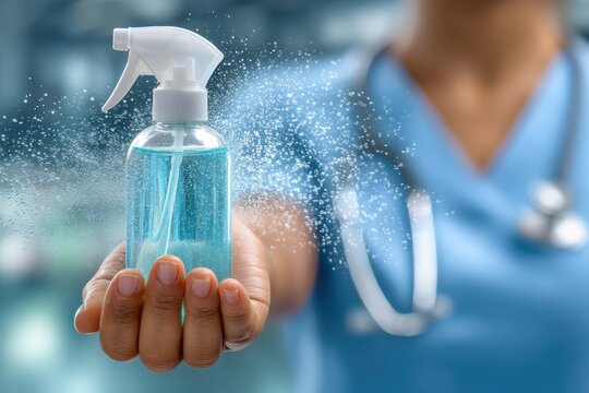 Nurse in blue scrubs holds a spray bottle of hand sanitizer outdoors - Powered by Adobe