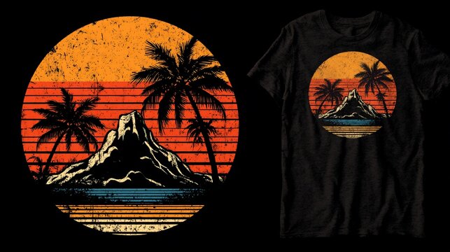 Distressed tropical sunset view featuring mountain and palm trees in circle