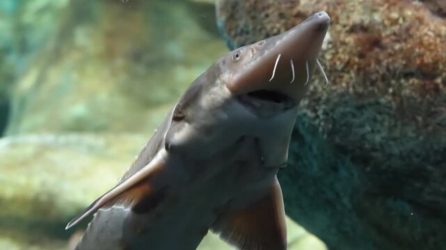 A powerful sturgeon swims through clear water showing its ancient streamlined body and distinctive armorlike scutes creating a striking view of this iconic freshwater giant
