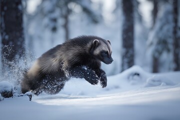 Obraz premium Wolverine jumping across snow-covered forest floor in winter 