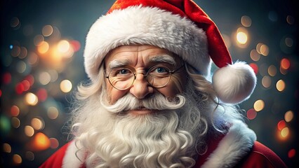 A close-up portrait of Santa Claus with a joyful expression, set against a twinkling lights background, capturing the festive spirit and warmth of Christmas in a classic and magical style.