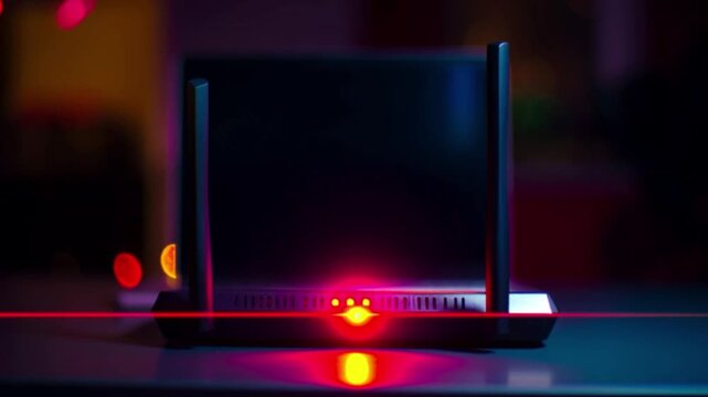 4k Router placed behind laptop with blinking red light in dark room environment symbolizing network failure weak signal connectivity issue internet outage troubleshooting cybersecurity awareness and w