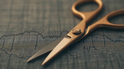 A close-up of gold-handled scissors on a patterned fabric, showcasing precision tools for cutting in crafting or sewing.