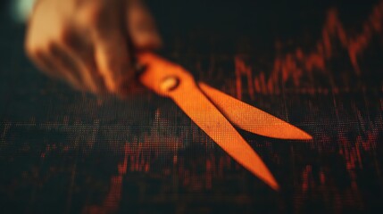 A hand holds orange scissors above a digital background featuring fluctuating graph lines, symbolizing analysis or decision-making.