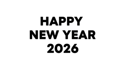 Happy new year 2026 text in bold black typography on a transparent background