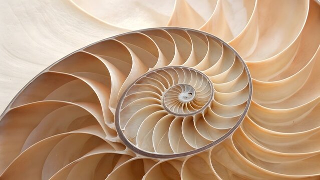 Close up macro view of the intricate spiral chambers and logarithmic growth pattern of a nautilus shell cross section - Powered by Adobe