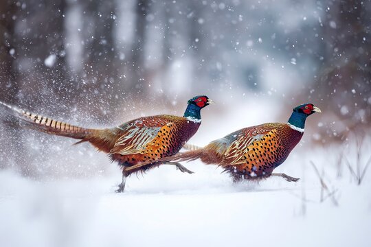 Pair of pheasants running through snow in a winter landscape  