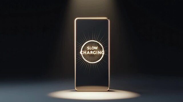 Smartphone screen displaying slow charging alert message in dramatic spotlight scene symbolizing battery performance issue low power input charging speed problem digital device optimization awareness 