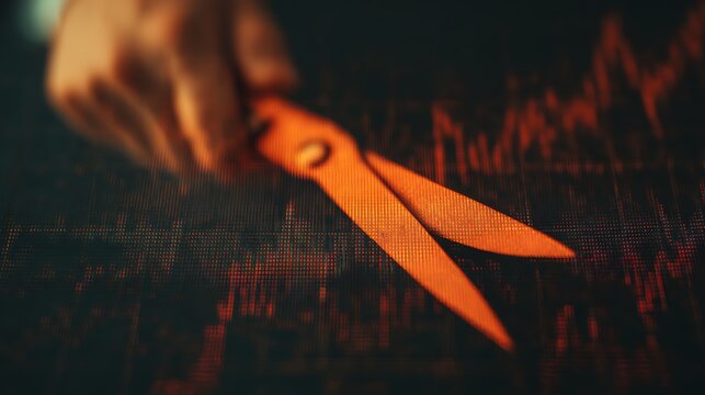A hand holds orange scissors above a digital background featuring fluctuating graph lines, symbolizing analysis or decision-making.