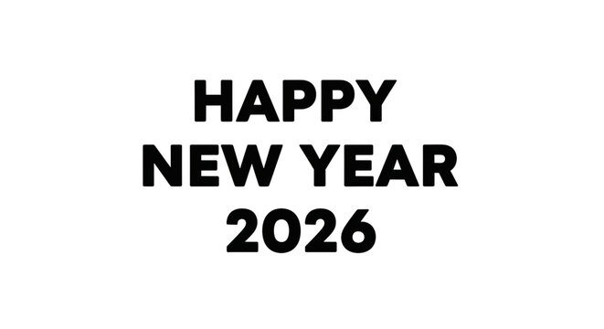 Happy new year 2026 text in bold black typography on a transparent background