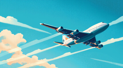 Commercial airplane soaring through clear skies surrounded by soft clouds. A calm aviation scene representing global travel, exploration and modern air transportation