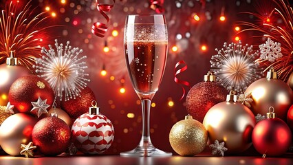 A festive arrangement featuring a champagne glass surrounded by red and gold ornaments, twinkling lights, and fireworks in the background, perfect for New Year or holiday celebrations.