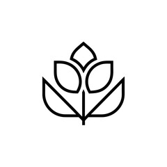 Stylized outline of a flower with three petals and leaves on transparent background