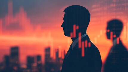 A silhouette of a businessman against a vibrant sunset, with stock market graphs overlaying the image, symbolizing finance and corporate strategy.