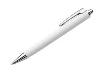 White ballpoint pen with silver clip and tip on a isolated on a transparent background writing instrument