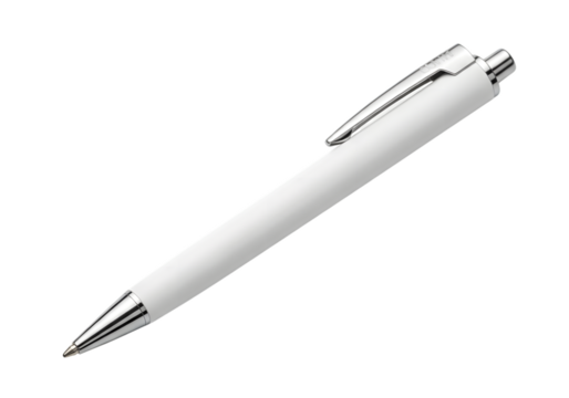 White ballpoint pen with silver clip and tip on a isolated on a transparent background writing instrument