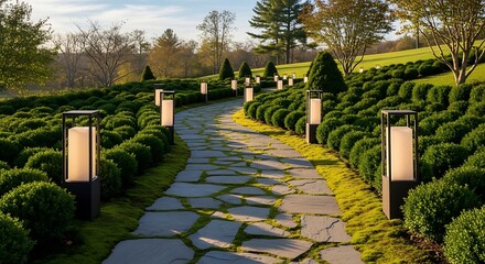 Fototapeta premium Winding stone path with modern illuminated garden lamps and shrubs