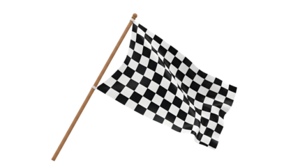 Waving checkered flag on a wooden pole with black and white squares isolated on a transparent background