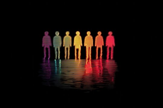 Rainbow silhouettes holding hands in a line on a black background, symbolizing unity and diversity